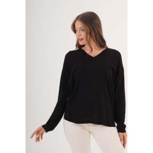 Suéter de Punto Negro Informal de Estilo Coreano para Mujer, Cuello en V y Aberturas Laterales, Talla XS, Suéter de Invierno con Logotipo Frontal - Product Image 2