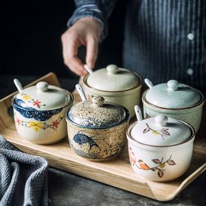 Japanese Style Ceramic <b>Spice</b> <b>Jars</b> with Lid and Spoon Porcelain Sugar Pepper Salt Condiment Seasoning Pots for Kitchen Restaurant - Product Image 1