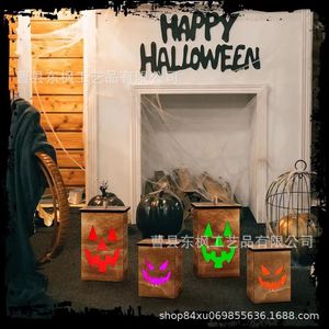 Wooden Pumpkin Lanterns <b>Battery</b> <b>Operated</b> Halloween Decorations Indoor Outdoor Use Solid Wood Craft Gift For Party Decoration - Product Image 1