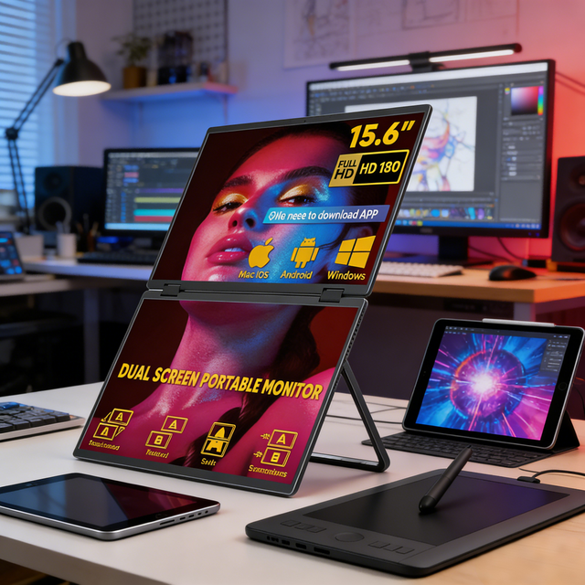 New Portable 15.6" 1080p Dual Screen Laptop Monitor Extender Built-in Stand 180 Rotation USB Mac/Linux Compatible Business