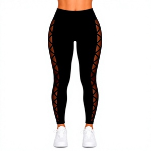 Leggings extensibles noirs taille haute pour femmes avec empiècements latéraux en maille – Pantalon de sport tendance pleine longueur - Product Image 1