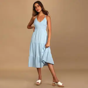 Vestido midi azul claro sem mangas, roupa de algodão com decote em v