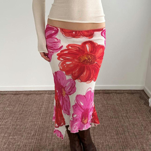 Falda Midi Estampada Floral Grande Estilo Vacacional, Ajustada, Casual de Verano para Playa, Versátil, Vintage - Product Image 1