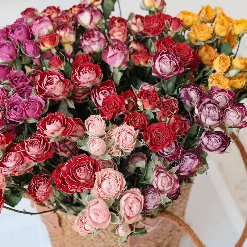 Buquê de flores secas naturais para casamento, buquê de flores rosas de várias cabeças com 30 botões para presente, arranjo de flores rosas