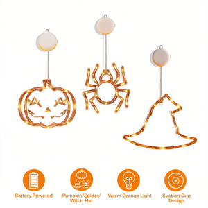 Halloween <b>Window</b> Lights 3 Pack Pumpkin Spider Witch Hat Warm Orange LED Battery Powered <b>Suction</b> <b>Cup</b> Decoration - Product Image 1