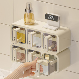 Caja de Condimentos de Plástico para Montar en la Pared de la Cocina; Contenedor de Almacenamiento de Especias de Estilo Japonés de Alta Gama con Tres Compartimentos para Uso Doméstico - Product Image 1