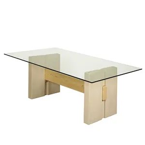 Hot Sales Dining Table With Clear Glass Top And Gray Cement Base Sturdy Leg For 6-8 People Suitable For Dining Room