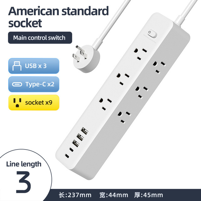 Surge Protector Power Strip 9 Outlets with 3 USB 2 Type C Charging Ports 10A ABS 10FT Multi Plug Extender Home Office