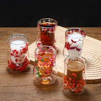 Mug à café en verre borosilicate à double paroi avec fleurs séchées réelles, pour thé au lait, jus, latte, expresso, olive feather