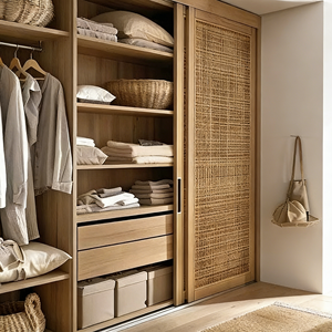 Modern İskandinav Tarzı Dayanıklı Masif Ahşap Gardırop, Sürgülü Menteşeli Rattan Kapılı Yatak Odası Dolapları, Fabrikadan Doğrudan Gardırop - Product Image 5