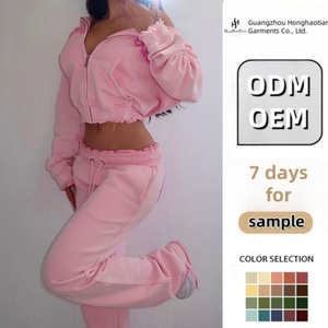 ODM OEM Tùy Chỉnh Chất Lượng Cao Rắn Màu Hồng Của Phụ Nữ Quần Bó Sát Và Chạy Bộ Áo Thiết Lập 380gsm Nặng Dây Kéo Áo Phụ Nữ 'Màu Hồng Thiết Lập - Product Image 1