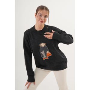 Pull à col rond brodé Teddy Bear pour femme, anthracite, tricot 14 Gg, anti-boulochage, style décontracté - Product Image 4