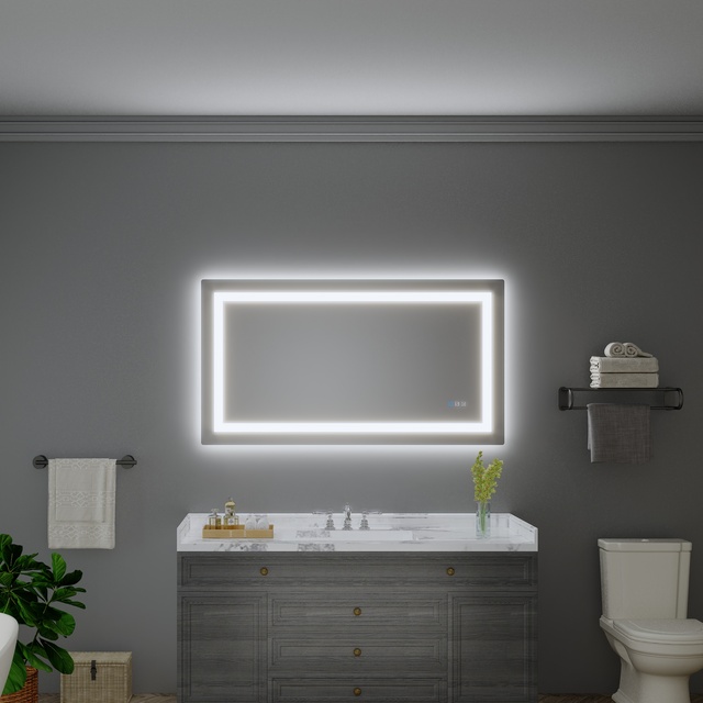 Smart Mirror for Bathroom with Anti-fog & Time, Modern LED Wall Mounted Vanity Mirror with Soft Front Lighting