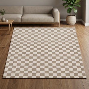 Modern Checkered <b>Rug</b> Minimalist Checkerboard Pattern Neutral <b>Beige</b> <b>Cream</b> Handmade Area Carpet Contemporary Interior - Product Image 1