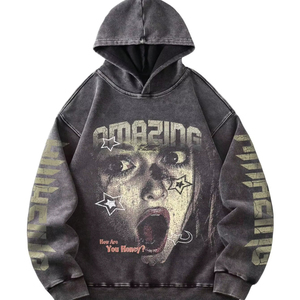 <b>Vintage</b> Washed Men Hoodie <b>Oversized</b> Pullover <b>Sweatshirt</b> Graphic Print Streetwear Long Sleeve - Product Image 1