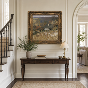 Peinture à l'huile Cottage en bord de colline, paysage de ferme et verger, encadrée or, pour décoration murale d'hôtel, auberge ou salon - Product Image 4