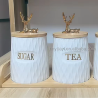 Ribbed Tea Coffee Sugar Canister Porcelain Ceramic Storage Canister with Bamboo Lid and Gold Reindeer