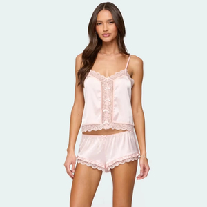Women's Satin Pajama Set Sexy Lace Cami <strong>Top</strong> Ruffle Shorts Sleepwear Cute Bows <strong>Silk</strong> Two Piece Pjs Soft Loungewear <strong>Pink</strong> 2Pcs - Product Image 1
