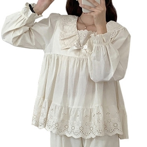 Damen Frühling Sommer Herbst Lässige Gewebte Atmungsaktive Langarm Weiße Vintage Rundhals-Bluse - Product Image 3
