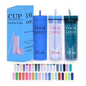 Custom Logo DIY 16oz <b>Clear</b> Plastic Reusable Skinny Cup Matte Pastel Colored Plastic Cup 16 oz Acrylic Tumbler with Straw and Lid - Product Image 1