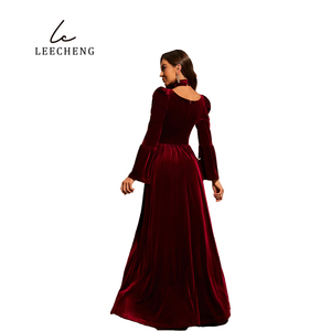 Gaun Senior elegan leher V, gaun malam ayun beludru panjang dengan lengan bengkak dan Detail Bib - Product Image 2