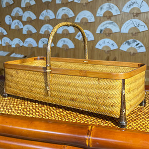 Cesta tejida a mano de bambú, contenedor de almacenamiento rectangular de color marrón claro para ceremonia del té y uso al aire libre - Product Image 1