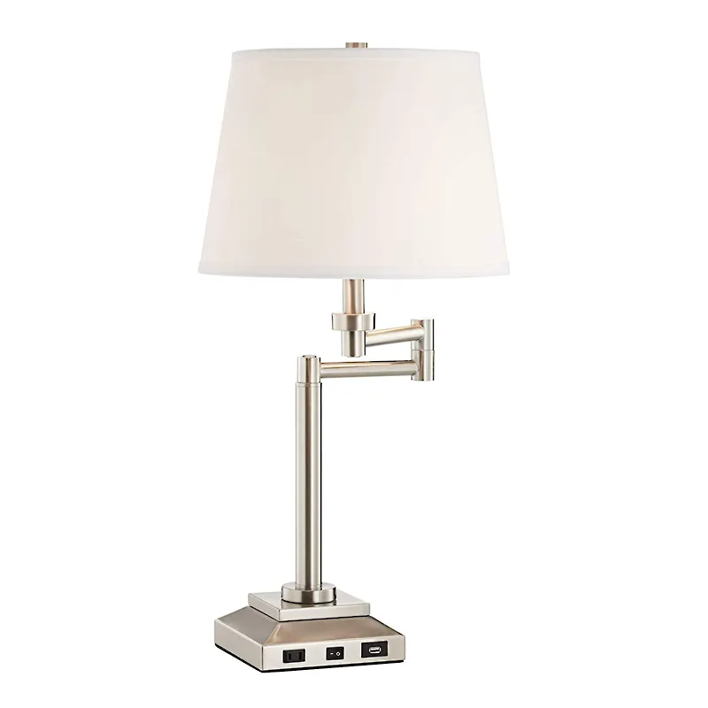 Hotel Geborsteld Nikkel Tapered Schaduw Lamp Swing Arm Usb-poort Opladen Stopcontact Nachtkastje Lampen