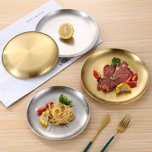 Stainless Steel Round Plate 304 Gold Silver Dinner Plate Korean <b>BBQ</b> Meat <b>Tray</b> Fruit Plate Buffet Serving Dish - Product Image 1