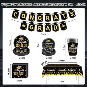 Set di Stoviglie Usa e Getta <span class=keywords><strong>per</strong></span> <span class=keywords><strong>Festa</strong></span> di Laurea 640429 2026, Nero e Oro, 98 Pezzi <span class=keywords><strong>per</strong></span> 24 Persone, con Striscione, Piatti, Bicchieri, Tovaglioli e Tovaglia - Product Image 6