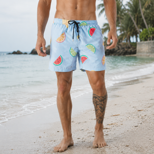 <b>Men</b> Color Block Pattern Swim Shorts Quick Dry Drawstring Beach <b>Trunks</b> Mid Waist Woven Polyester Short Length - Product Image 2