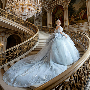 Abito da Sposa Principessa in Fuga con Strascico Reale, Linea A, in Raso Luminoso con Perline, Paillettes, Stampa Floreale, Scollo a V e Senza Maniche - Product Image 6