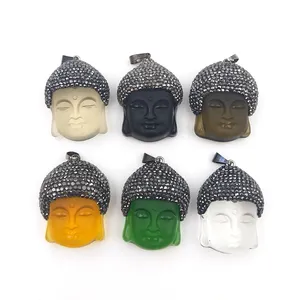 Wholesale hot sale natural stone Black Green Crystal Buddha head cubic zirconium retro style necklace pendant for DIY production