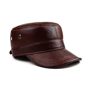 H557-Sombrero de cuero de vaca estilo militar para hombre, informal, cálido, para exterior, de cuero genuino, para camionero