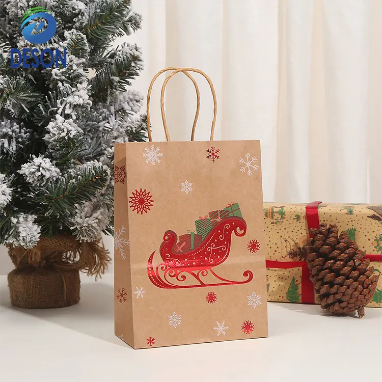 Deson ถุงกระดาษสำหรับบรรจุภัณฑ์พร้อมโลโก้ของคุณเองของขวัญต้นคริสต์มาสแบบสั่งทำ