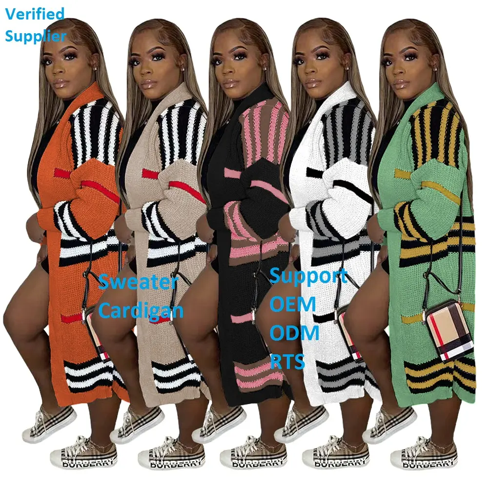 2022 Fall Winter knitted sweaters stripe color block graphic designer custom christmas sweater long coat cardigan sweater women