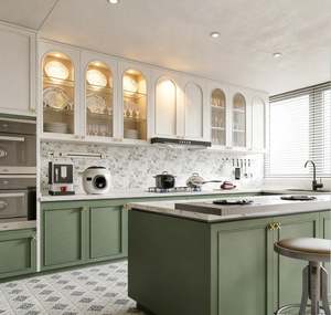 BALOM Armoires de cuisine en bois massif de luxe personnalisées Style classique européen avec porte en verre et glissières de tiroir pour villa maison - Product Image 1