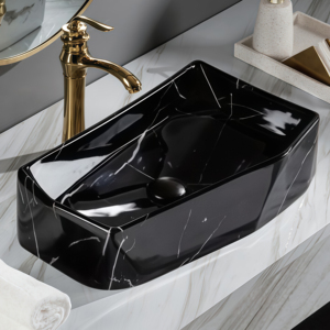 Oferta Especial: Lavabo de Diseño Irregular para Baño, con Borde Dorado, Ecológico, Negro, para Encimera - Product Image 3