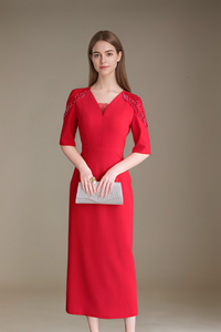 Abito Midi Elegante 6XL di Alta Qualità con Scollo a V e Spalle Decorate con Perline, Vestito Formale da Festa con Mezza Manica, Abito da <span class=keywords><strong>Sera</strong></span> Aderente per <span class=keywords><strong>Madre</strong></span> della Sposa - Product Image 3