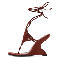 Sandales à Talon Original Personnalisées pour Femme, à Lanières Croisées à Lacets, Bout Clip, Talon Compensé Haut, Chaussures Habillées en Daim