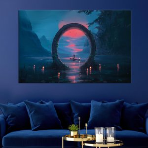 Impresión en lienzo de fantasía Mystical Sunset Lake Journey - Decoración elegante, lienzo envuelto - Product Image 3