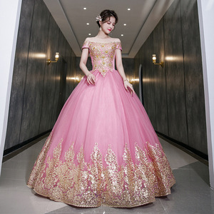 Princess Ball Gown Wedding Dress Sweetheart Neckline Tulle Pink Gold Embroidery Long Evening Gown Women's Formal Wear - Product Image 3