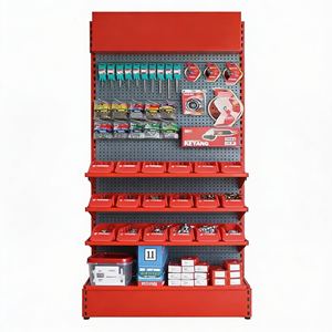 מתלה תצוגה לחומרי בניין כבדים - מדפי פגבורד ממתכת אדומה לכלי עבודה וחומרי קיבוע - Product Image 2