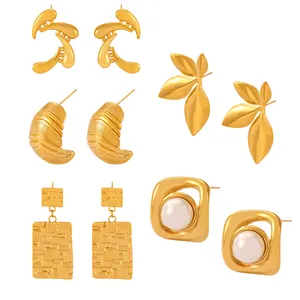 Shi Jia imitation pearl casting design sense new jewelry texture geometric overlay titanium steel gold-plated earrings