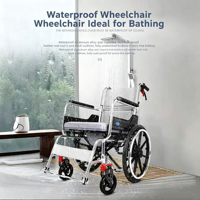 Silla de Ruedas de Aluminio de Lujo para Personas Mayores, con Cojines de Cuero Impermeables y Cubierta de Inodoro Desmontable Incluida
