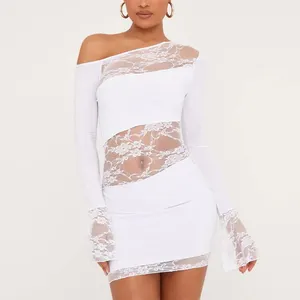 New Trend Women Custom Sexy Bodycon Off The Shoulder Sheer Lace Dress Elegant Classic Black Mini Dress For Cocktail Party