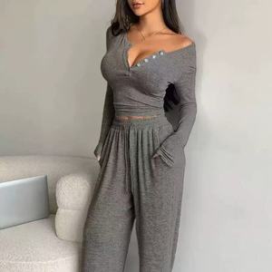 V Neck Buttons Lounge Set Soft Breathable Long Sleeve Sleep Daily <strong>Wear</strong> <strong>Comfortable</strong> Loose Fit Solid Color Spring Sleepwear - Product Image 4