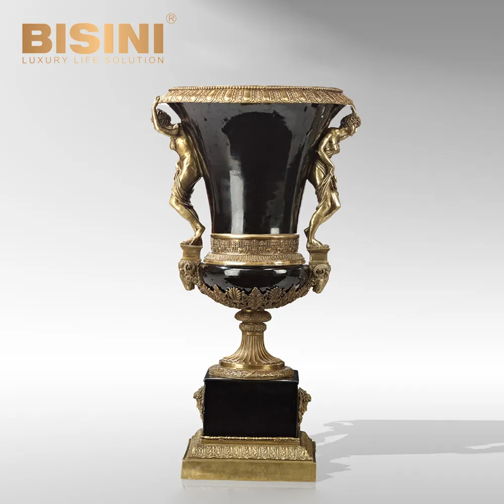 Refined Baroque Style Black Color Porcelain Copper Figurine Flower Vase Porcelain Lady Sculpture Ornaments Flower Tub