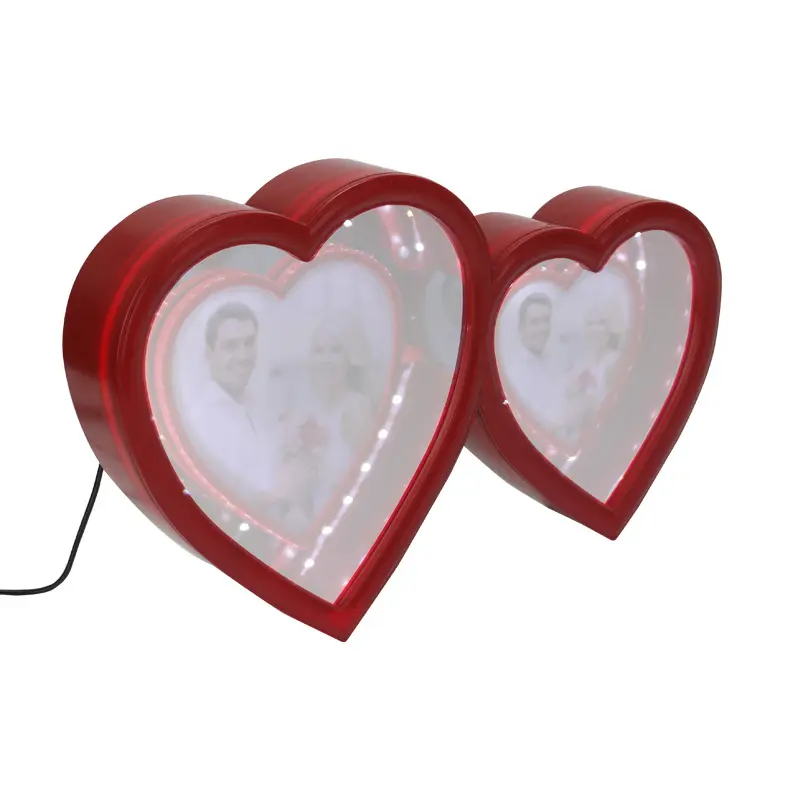 Red Mirror With Two Hearts Led Magic Make Up Mirror Photo Frame 3D Mirror Photo Frame