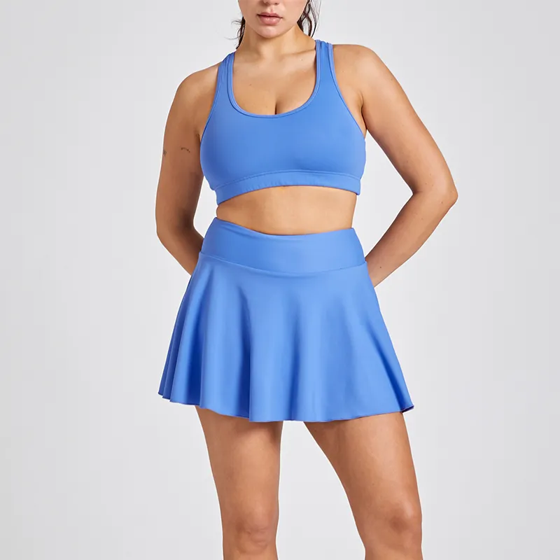 Custom Yoga Tennis golf Skirt Shirt Sets Double 2 layers Fast Dry Nylon Skorts Inner Pockets Women Tennis Skirt Shirt Set