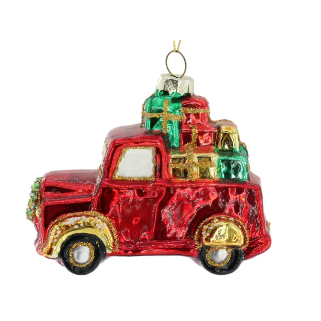 Op Maat Gemaakte Handgeschilderde Kleur Glanzende Auto Hippie Van Rode Vrachtwagen Glas Ornament Decoratie Kerstboom Open Haard Decoraties